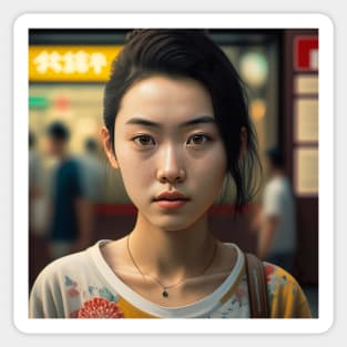 Japanese Woman Portrait in Tokyo Illustration Drawing Sticker